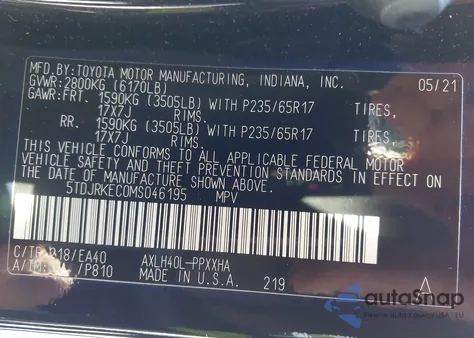 2021 Toyota Sienna Xle из США, поврежденный, VIN 5TDJRKEC0MS046195